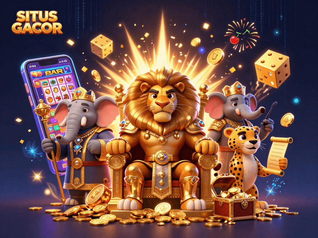 SITUS GACOR illustrates thrilling casino elements with a lion king on a coin throne and jackpot symbols.