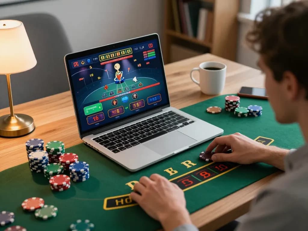 Player strategizing their next move in blackjack at tr88 online casino, vibrant gaming atmosphere