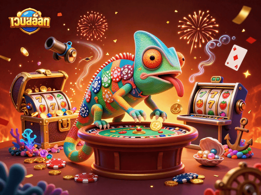 Engage with เว็บสล็อต at vibrant slots through 3D cartoon chameleon casino owner, celebrating wins surrounded by treasures.