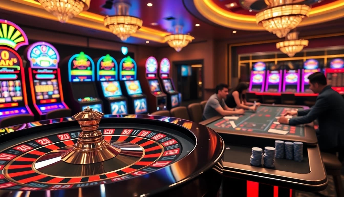 Engaging gaming atmosphere at situs nekatwin with vibrant slot machines and roulette wheel.