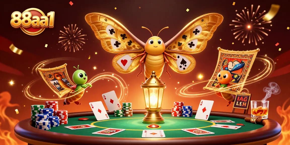 88aa1 showcases thrilling gameplay with a golden moth and vibrant poker elements for an epic casino adventure.
