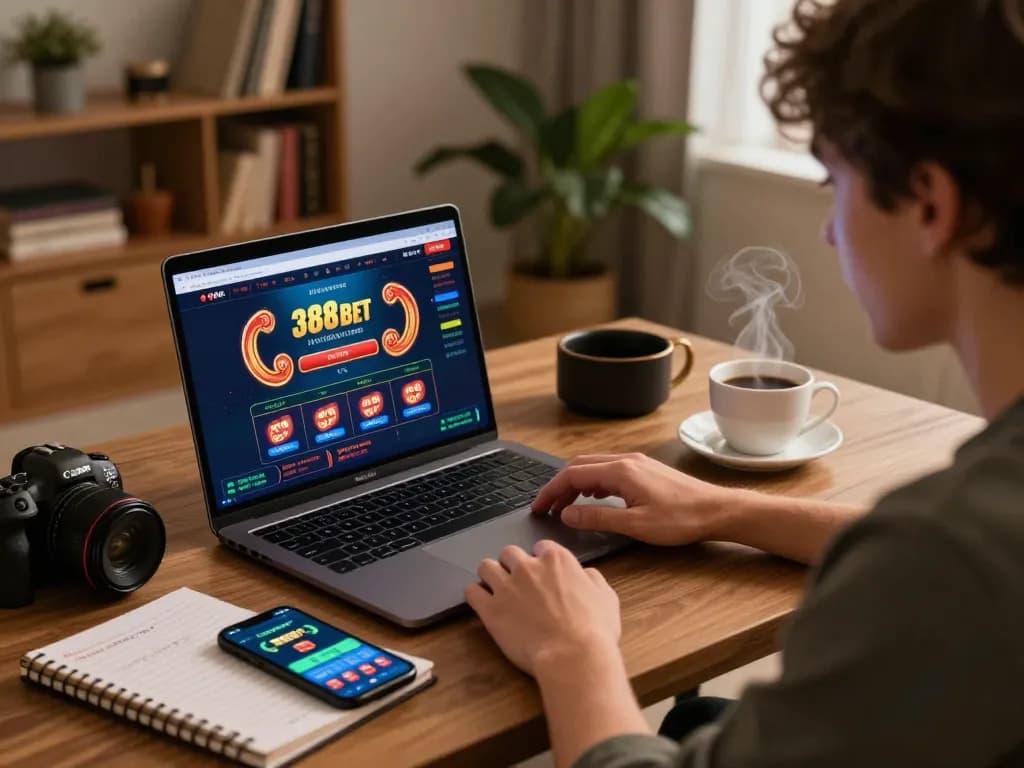 Person using the 388bet platform for online gambling at home, surrounded by strategies and drinks.