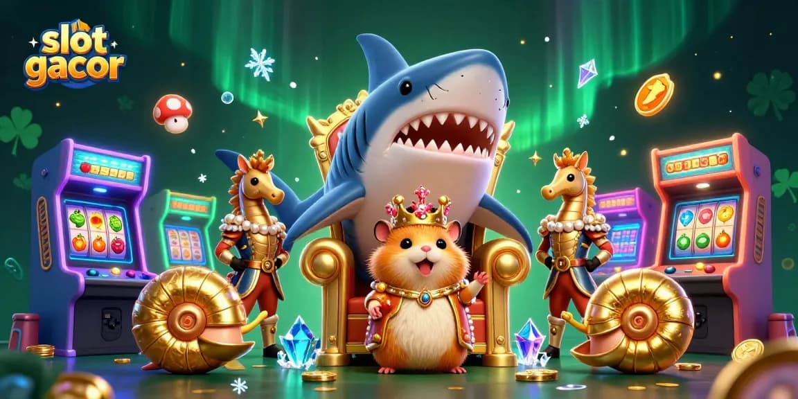Menangkan slot gacor dengan king hamster emas di kursi gigi hiu raksasa, dikelilingi mesin permainan.