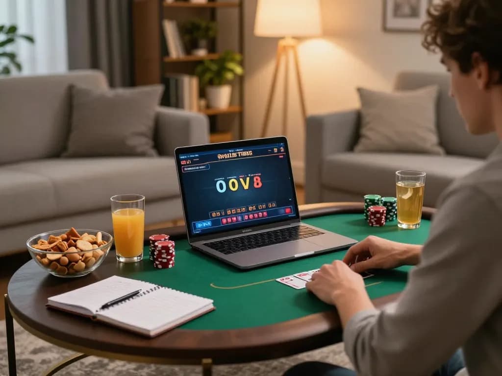 Engaged player experiencing HITCLUB's online poker with cozy setup and betting strategy notes.