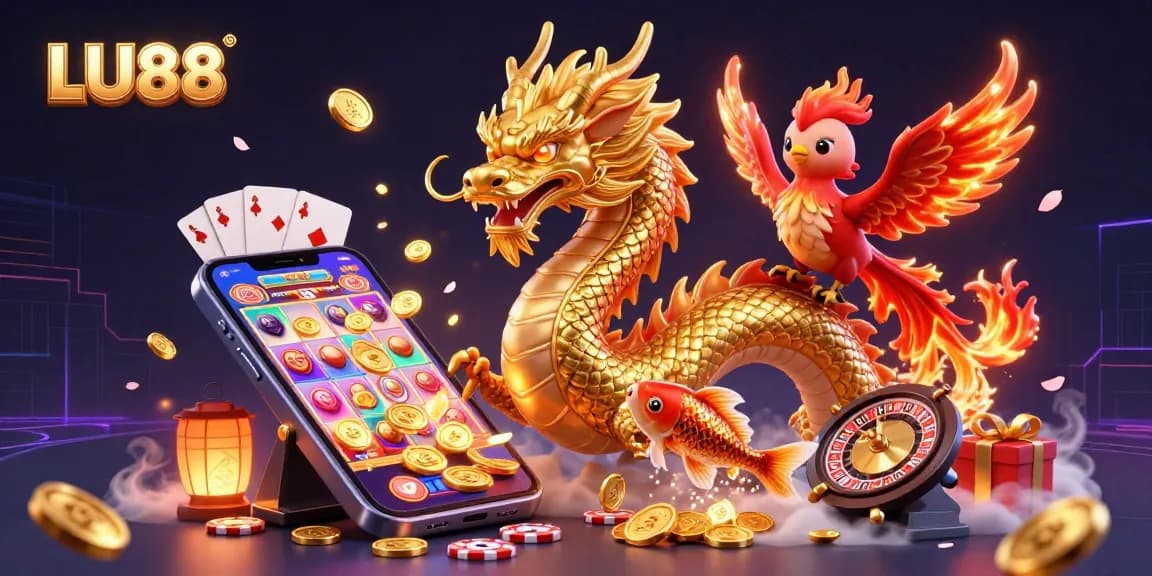 Engage with LU88's vibrant casino scene featuring a dragon, phoenix, and koi fish amidst slot game excitement.