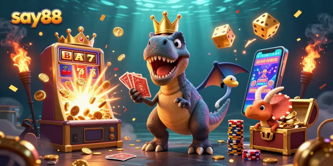 Join the excitement with say88 as playful dinosaurs shuffle cards and celebrate jackpots in a lively casino atmosphere.