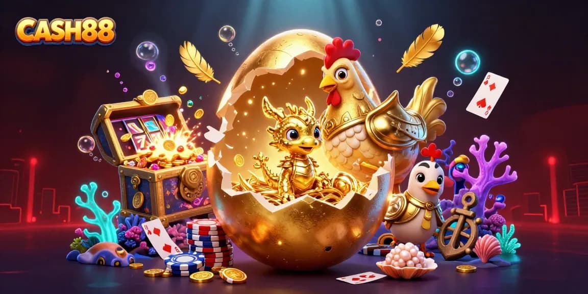 Experience excitement at CASH88 with a golden dragon and vibrant casino elements in this dynamic scene.