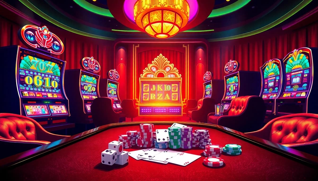 Experience action-packed gameplay on the trusted situs slot with vibrant slot machines and poker chips.