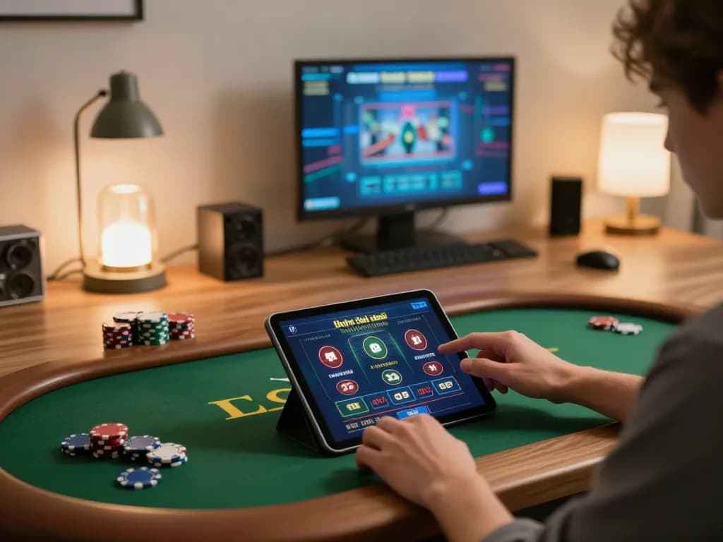 Engaging with online casino games at https://dola88vn.com/ on a tablet in a stylish home office environment.