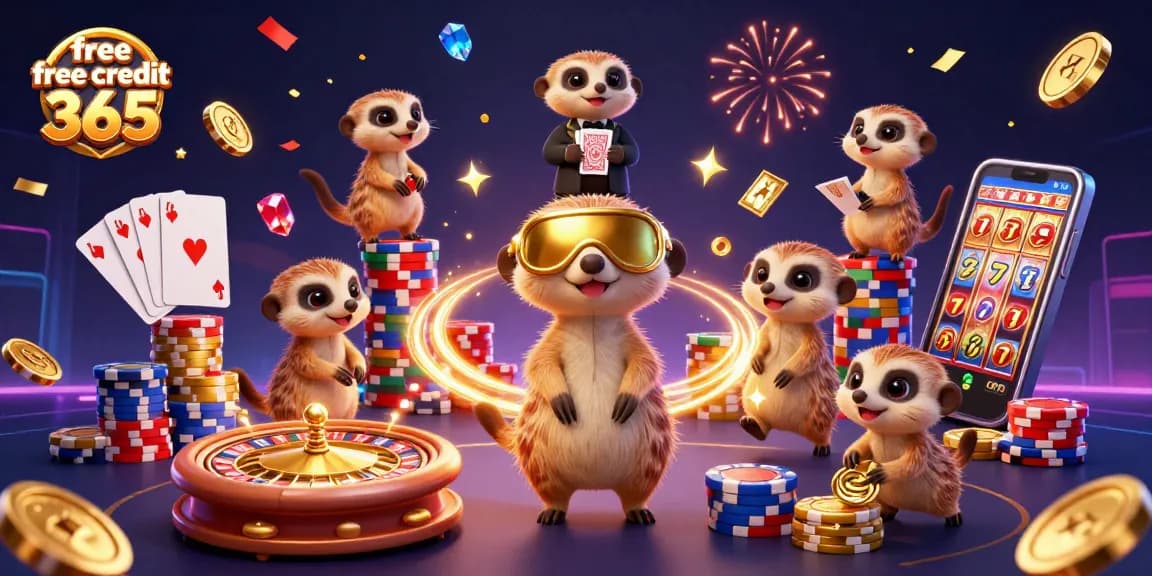 Win big with free credit 365 in this exciting 3D casino illustration featuring playful meerkats!