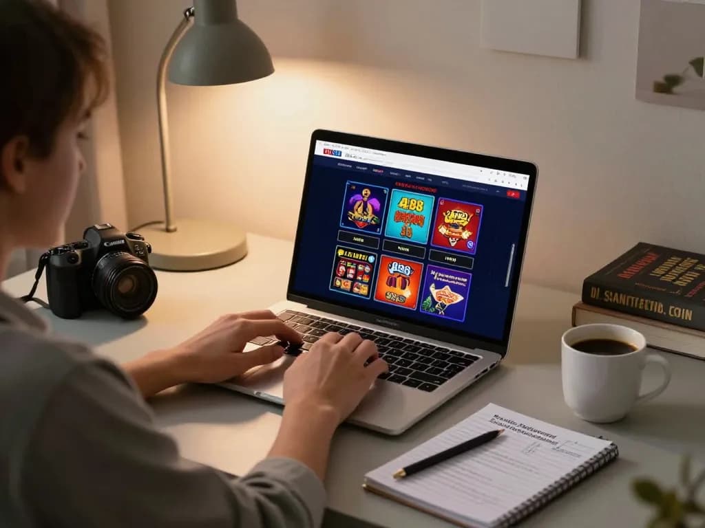 Player engaging in strategic online gambling at af88 with laptop and notes in cozy setting.