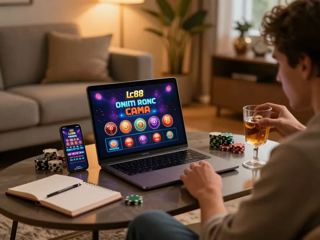 Lc88 online casino gaming scene showcasing a player strategizing in a cozy home setup.