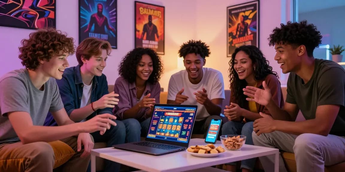 Friends enjoying games at non UKGC casinos in a cozy living room, lively atmosphere with snacks and a laptop.