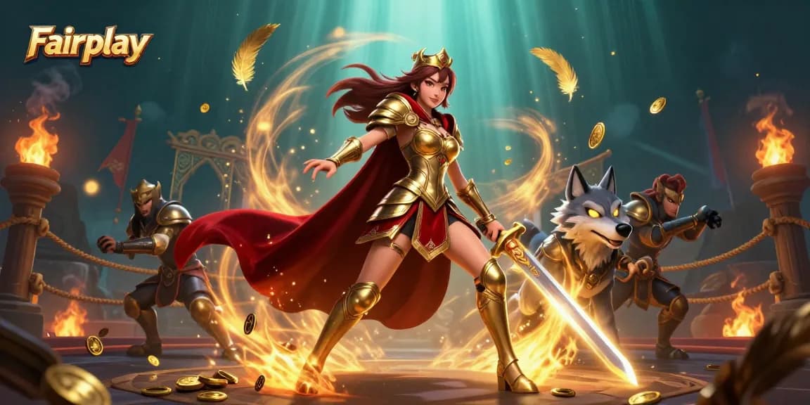 Engage with Fairplay's thrilling gaming experience featuring a warrior queen and her armored wolf amidst coins and energy.