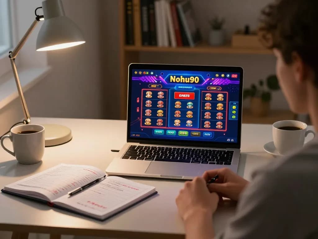 Nohu90 online gaming scene with player focused on casino interface and strategy notes.