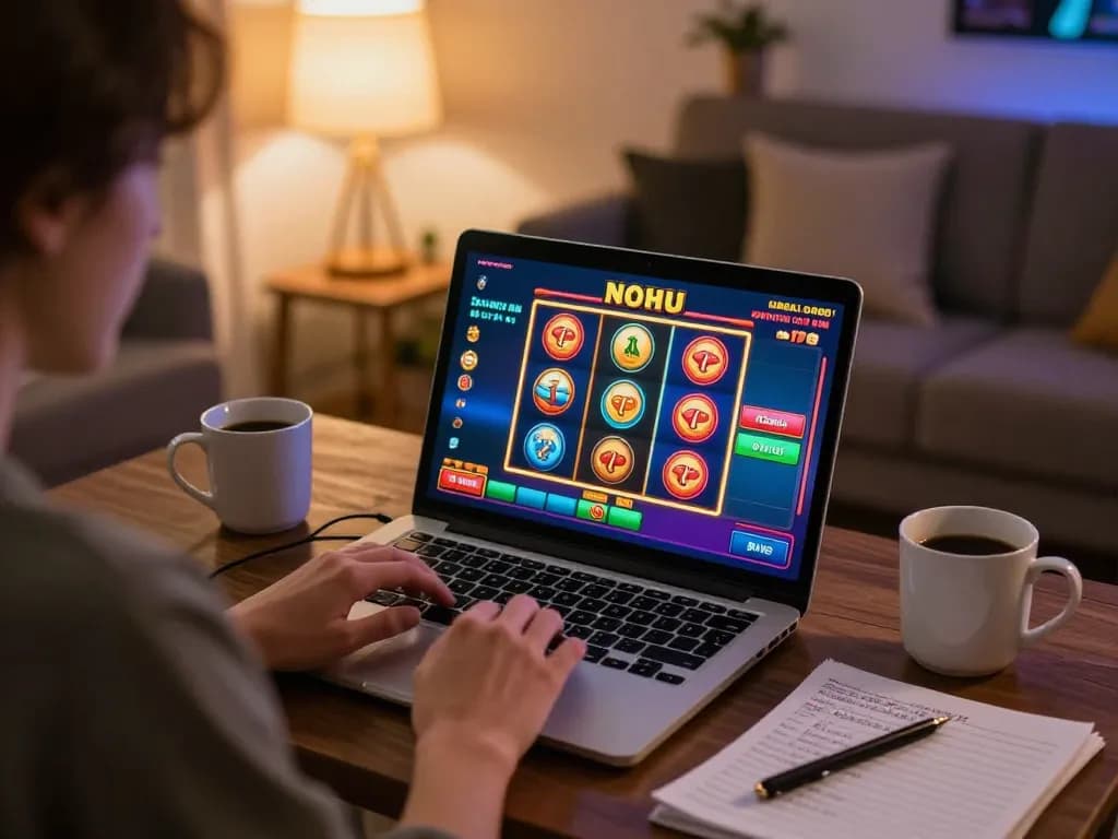 Player enjoying nohu online gaming at home, showcasing vibrant slot game action on screen and cozy atmosphere.