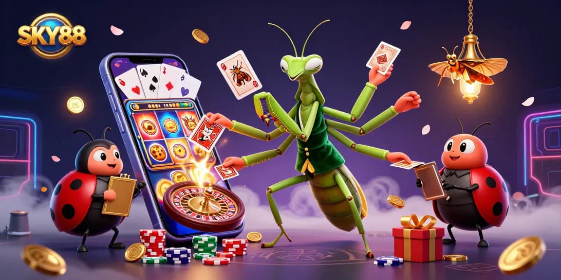 Engage in thrilling gameplay at SKY88 casino with vibrant visuals and casino characters.