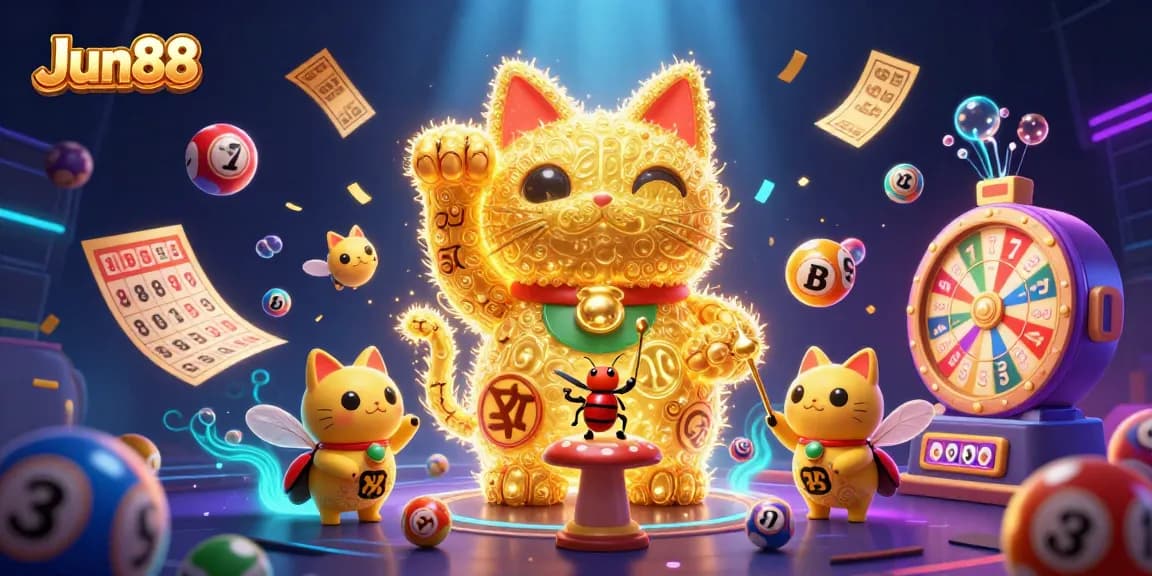 Experience the excitement of Jun88 with a vibrant illustration showcasing casino symbols and a lucky cat.