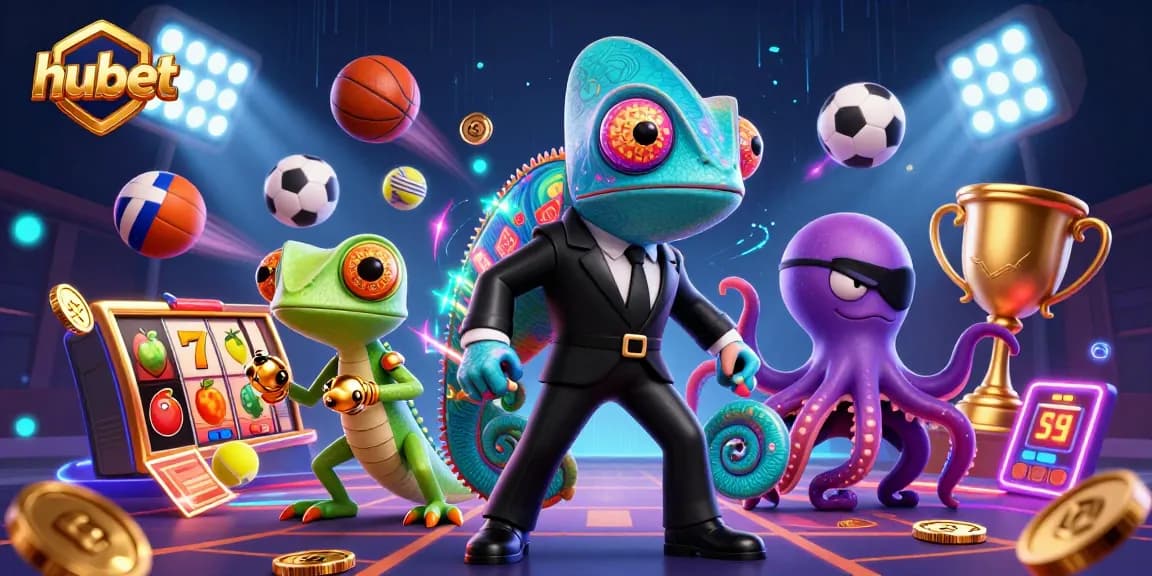 hubet showcases thrilling slot adventures with a chameleon secret agent and vibrant casino elements.