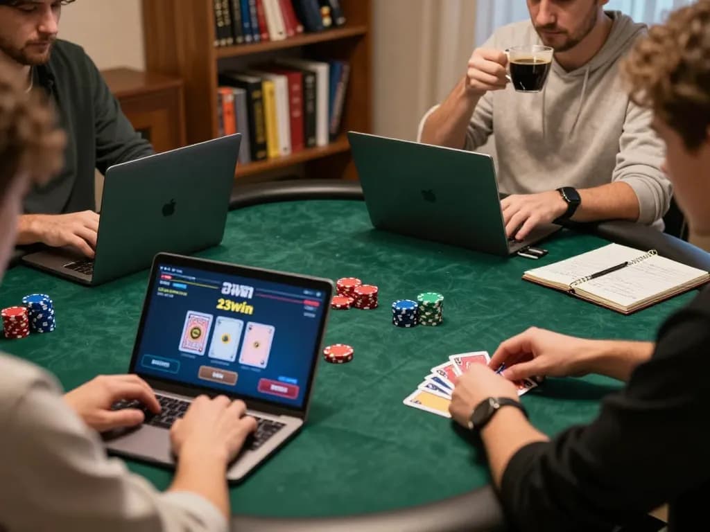 Players engaged in online poker gameplay on 23win, showcasing a cozy home setup with laptops and strategy notes.