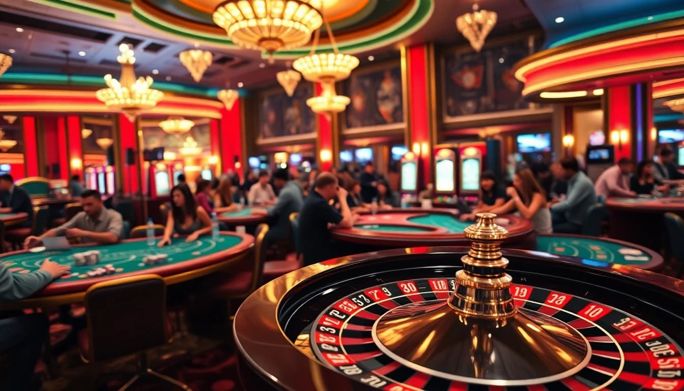 Experience w88 thrill in a lively casino with vibrant gaming tables and enthusiastic players.