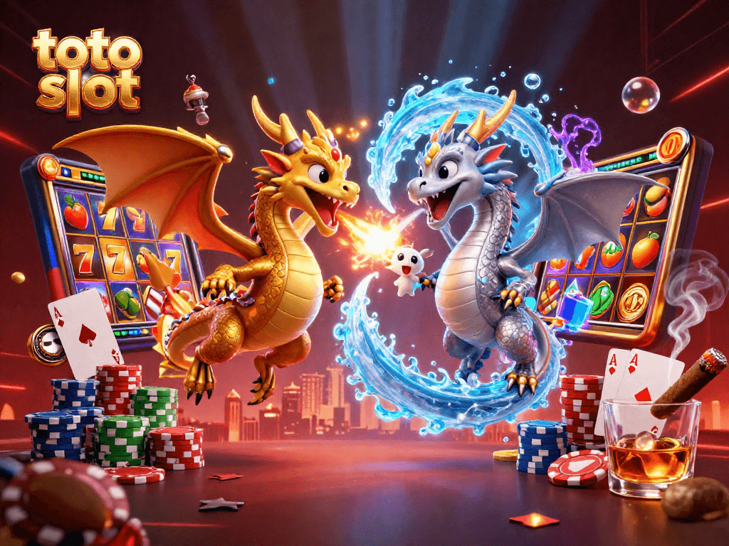 Experience a thrilling toto slot atmosphere with powerful dragons and vibrant slot symbols fluidly spinning.