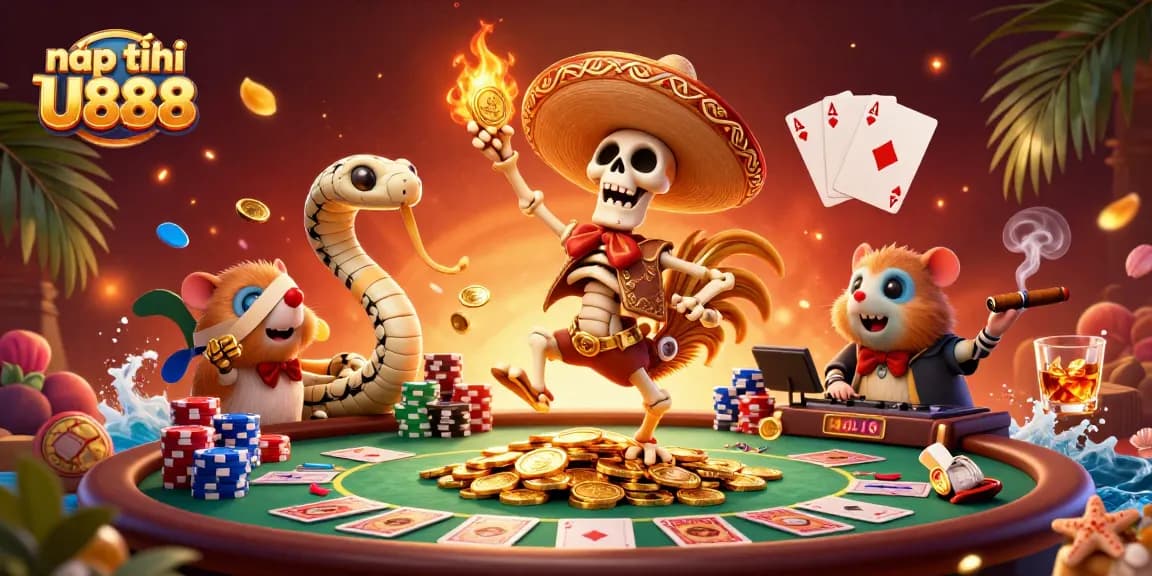 Get rich playing nạp tiền U888 with a festive illustration of animated characters celebrating on poker chips.