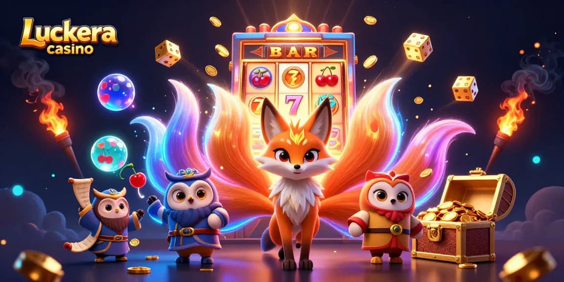 Luckera casino features an immersive 3D scene with vibrant characters, dynamic slot machines, and rich casino elements.
