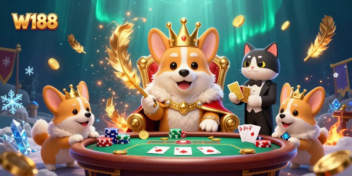 Experience vibrant W188 gaming with the royal corgi, cat butler, and poker excitement