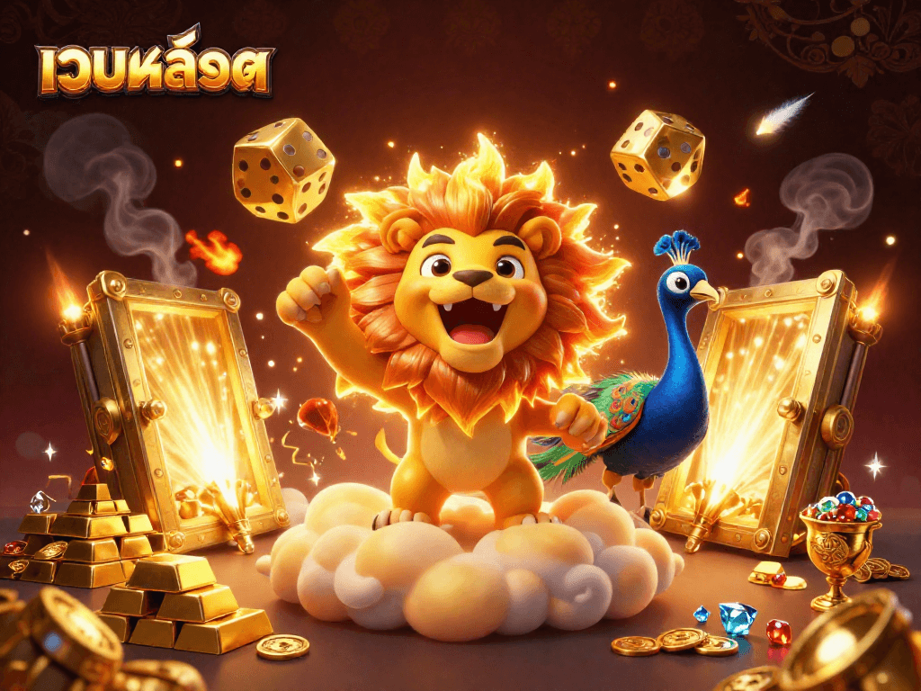 Play เว็บสล็อต with vibrant 3D illustration showcasing golden treasures and exciting game elements.