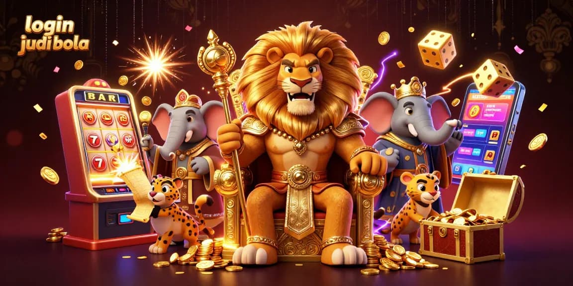 Engage in the excitement of login judi bola, featuring a fierce lion king and dynamic casino elements