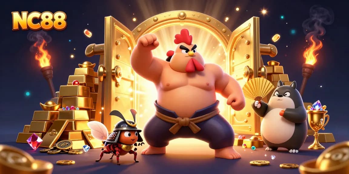 Experience the excitement of NC88 with vibrant characters and treasures in a lively gambling scene.