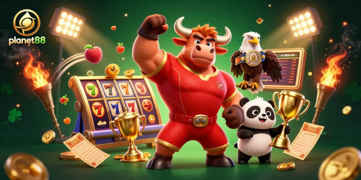 Experience thrilling wins at planet88, showcasing a vibrant casino scene with mascot characters winning trophies.
