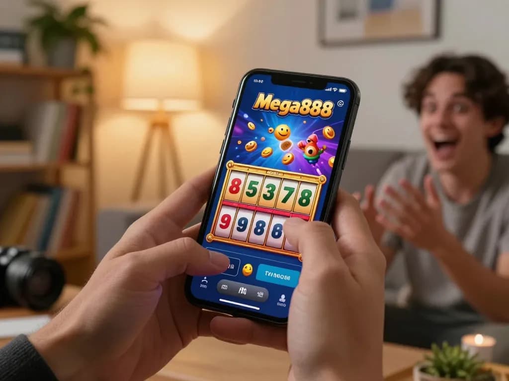 Exciting moment playing Mega888 on a smartphone, highlighting free credit opportunities for new players in a cozy setting.