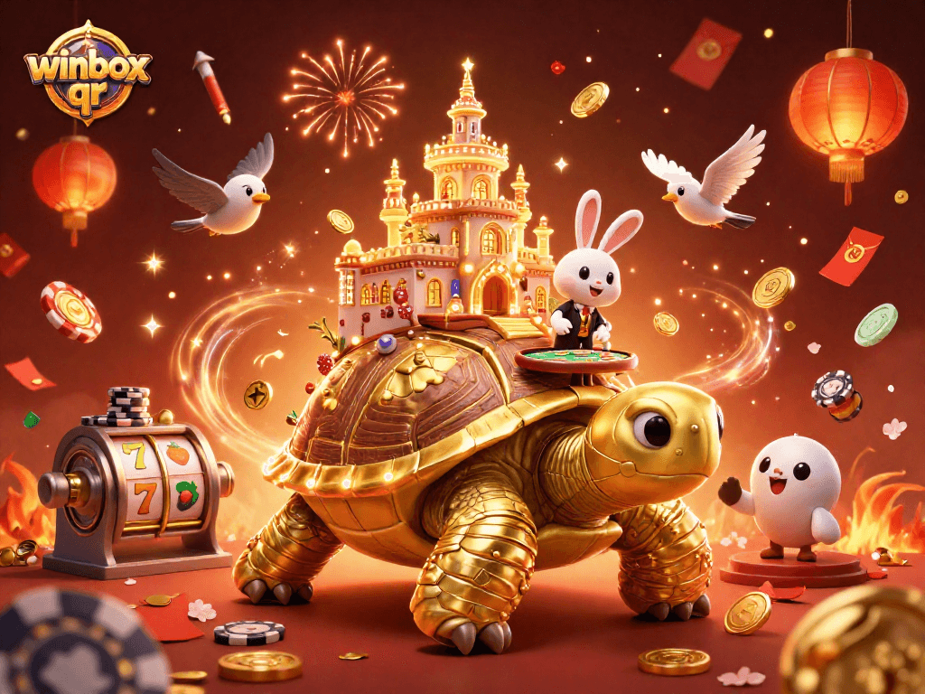 Engage with winbox qr in a vibrant casino scene featuring golden tortoise and lively dealers.