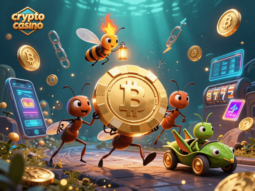 Crypto casino illustration showing ants heisting a giant poker chip amid Bitcoin and Ethereum elements.