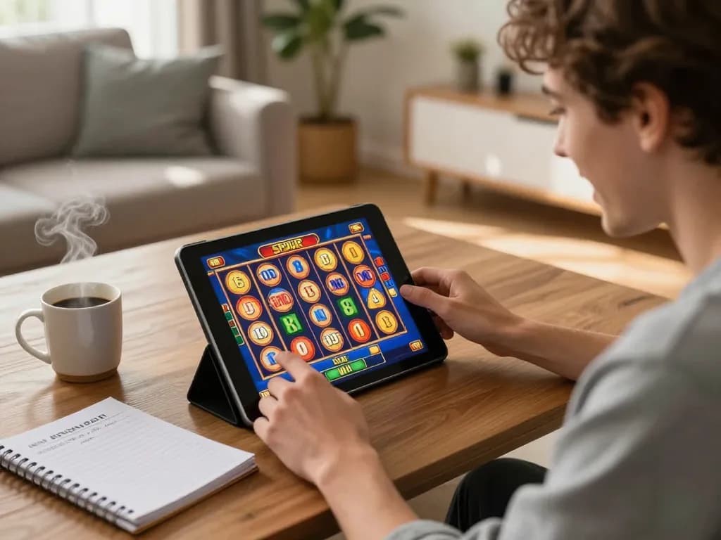 Player spinning slots on a tablet in a cozy living room, experiencing the thrill of online gaming.