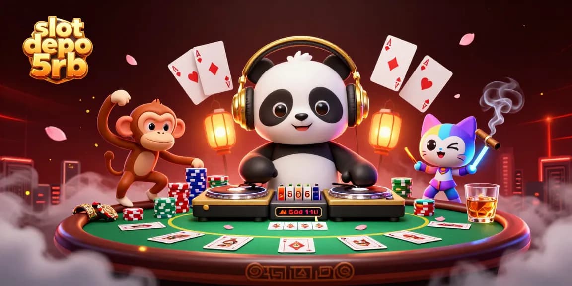 Engage with the vibrant scene of slot depo 5rb, showcasing a lively DJ panda and playful characters amidst gambling elements.