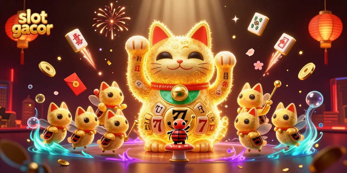 Experience winning with slot gacor as golden fireflies create casino magic in a vibrant 3D scene.