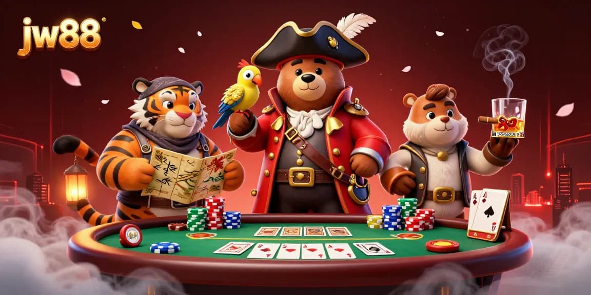 Experience thrilling actions at JW88's casino with dynamic poker elements and vibrant characters.