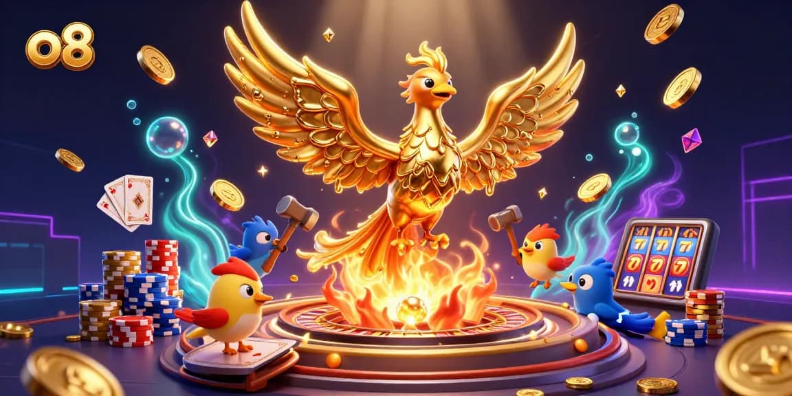 Experience exceptional gaming at o8 with a golden phoenix emerging from a forge surrounded by dazzling casino elements.