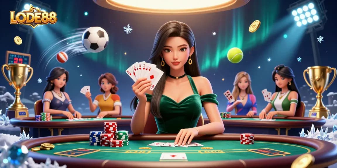Bet high with LODE88: Photorealistic Asian woman at a poker table with cards and dynamic sports elements.