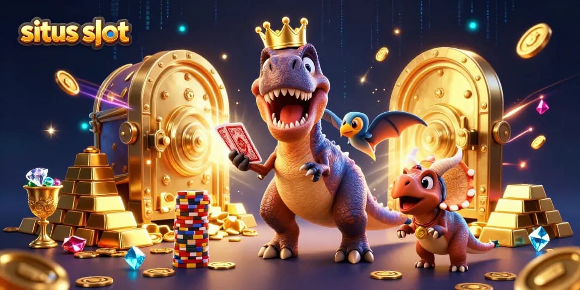 Menghadirkan suasana situs slot dengan dinosaurus ramah bermain kartu dan menumpuk chip emas.