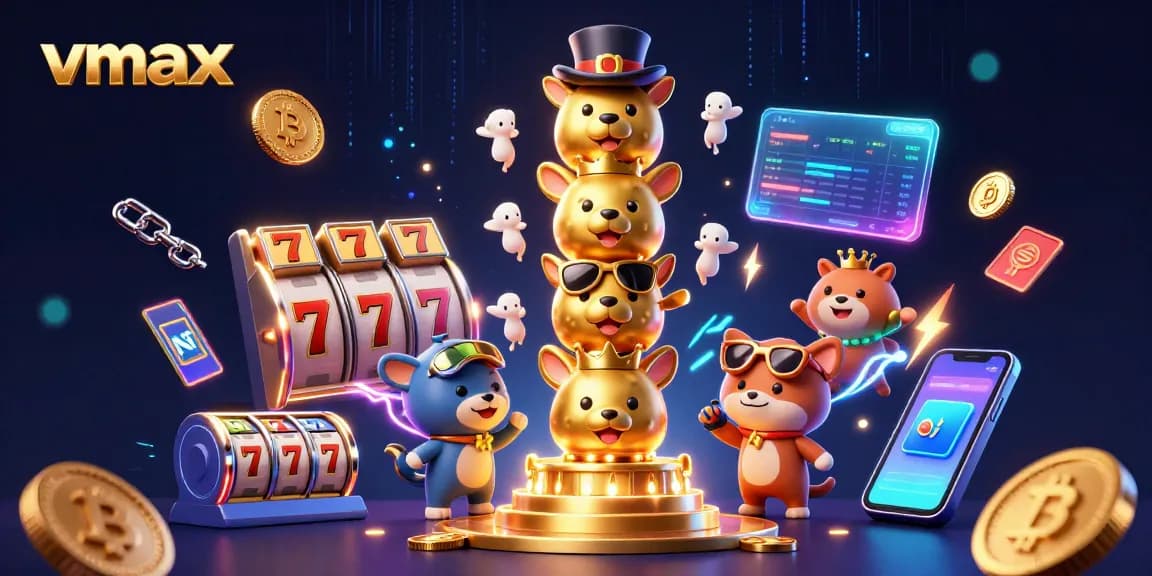 Experience vibrant vmax casino fun with a golden totem character and exciting slot elements.