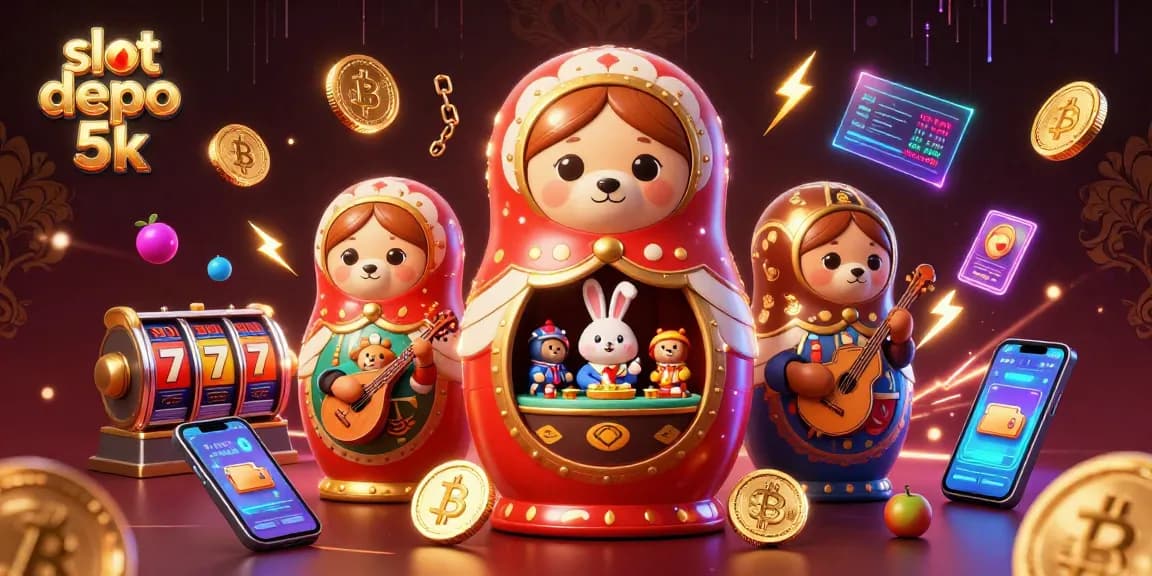 Slot depo 5k menunjukkan keseruan permainan dengan simbol jackpot dan dealer kasino menari di sekitar.
