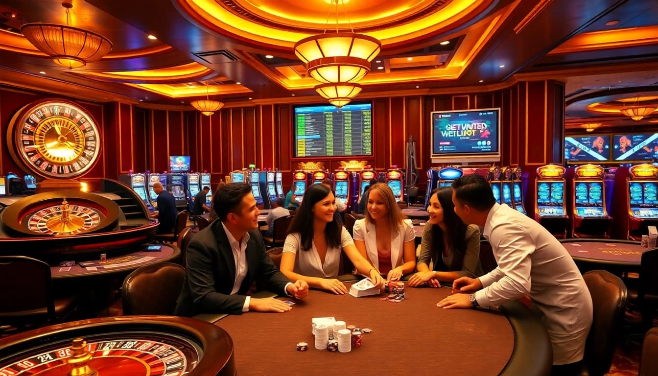 Kegembiraan meraih kemenangan besar di kasino Datuk Win dengan pemain yang ramai di meja poker.