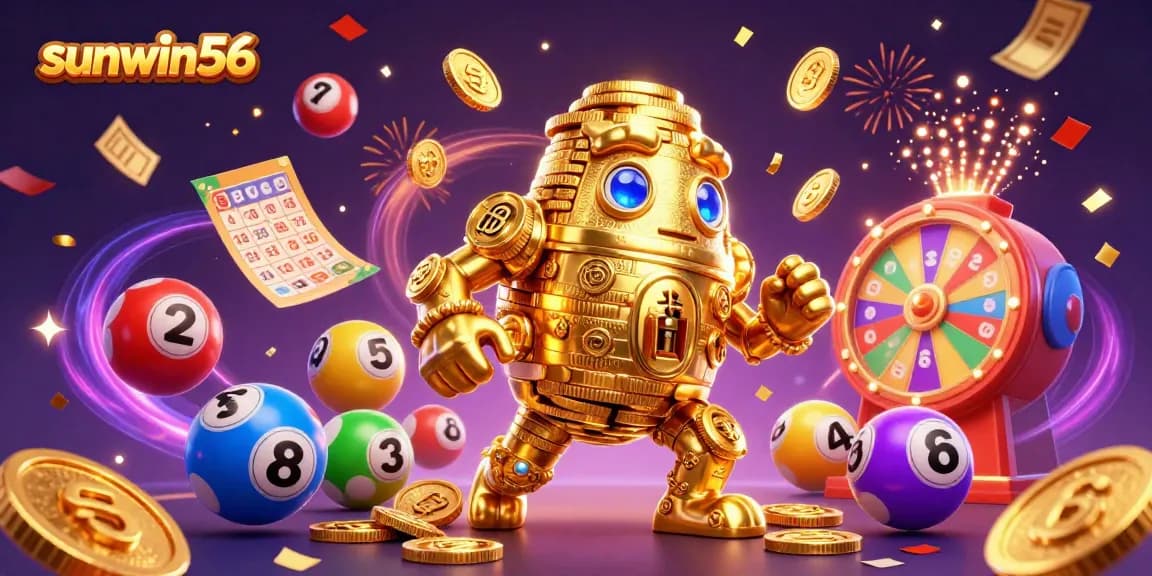 Catch the excitement of sunwin56 with a vibrant lottery scene filled with bouncing balls and gold!