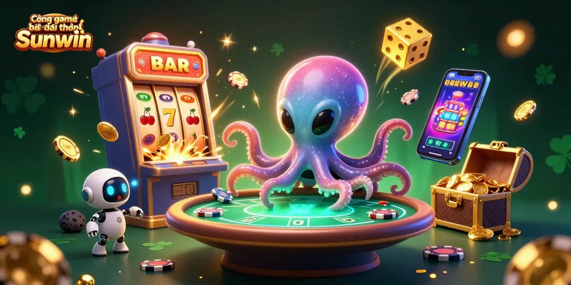 Engage with Cổng game bài đổi thưởng Sunwin via dynamic slot and poker scene featuring an alien octopus.