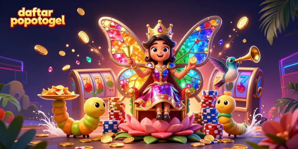 Spin your luck with daftar popotogel featuring a dazzling butterfly queen and vibrant slot machines.