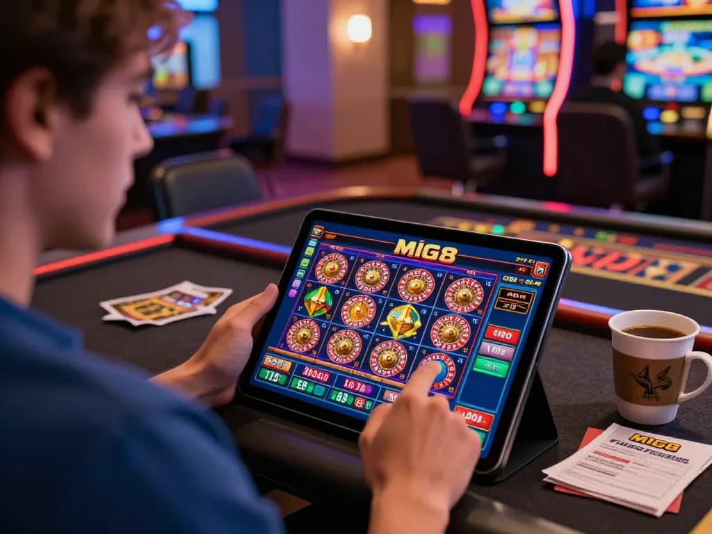 MIG8 player engaged in online gaming with vibrant graphics and strategic notes in a cozy setting.